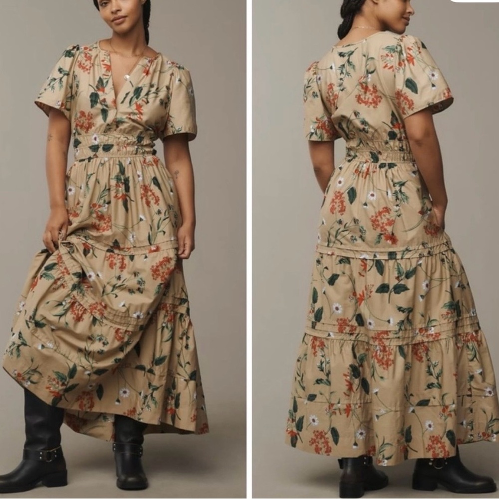 Anthropologie the Somerset Cotton Beige Floral tiered Maxi Dress - Picture 1 of 6